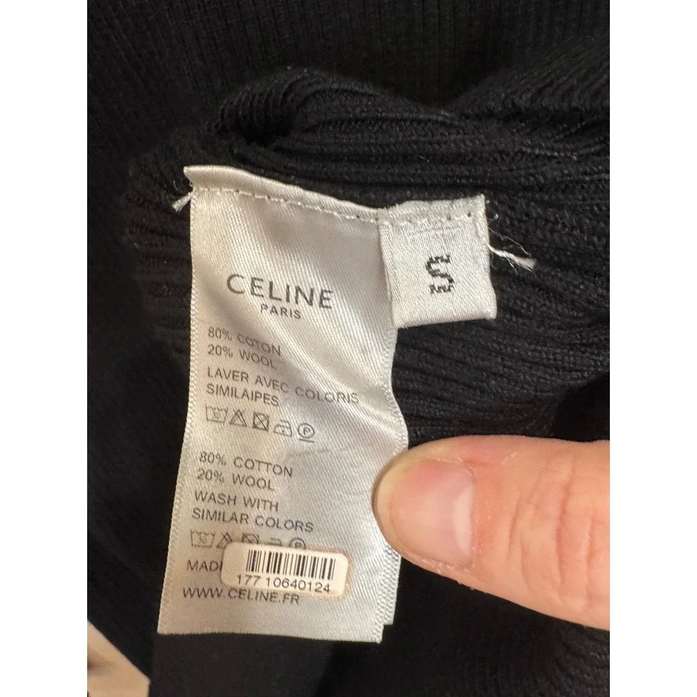 Celine Ribbed Long Sleeve Top Sweater Sz S Black Embroidered Logo Cotton Wool